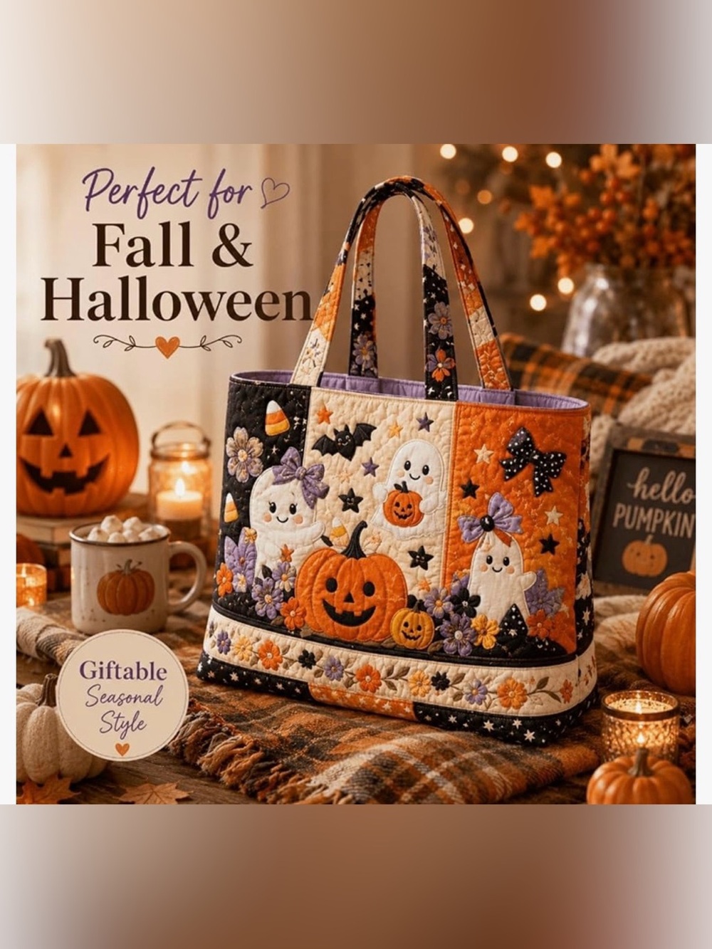 #3127** Quilted Tote Bag with Pumpkin & Ghost Appliqué/Orange/Black/White